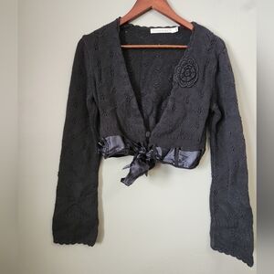 Forever 21 Black Textured Cardigan with Floral Detail